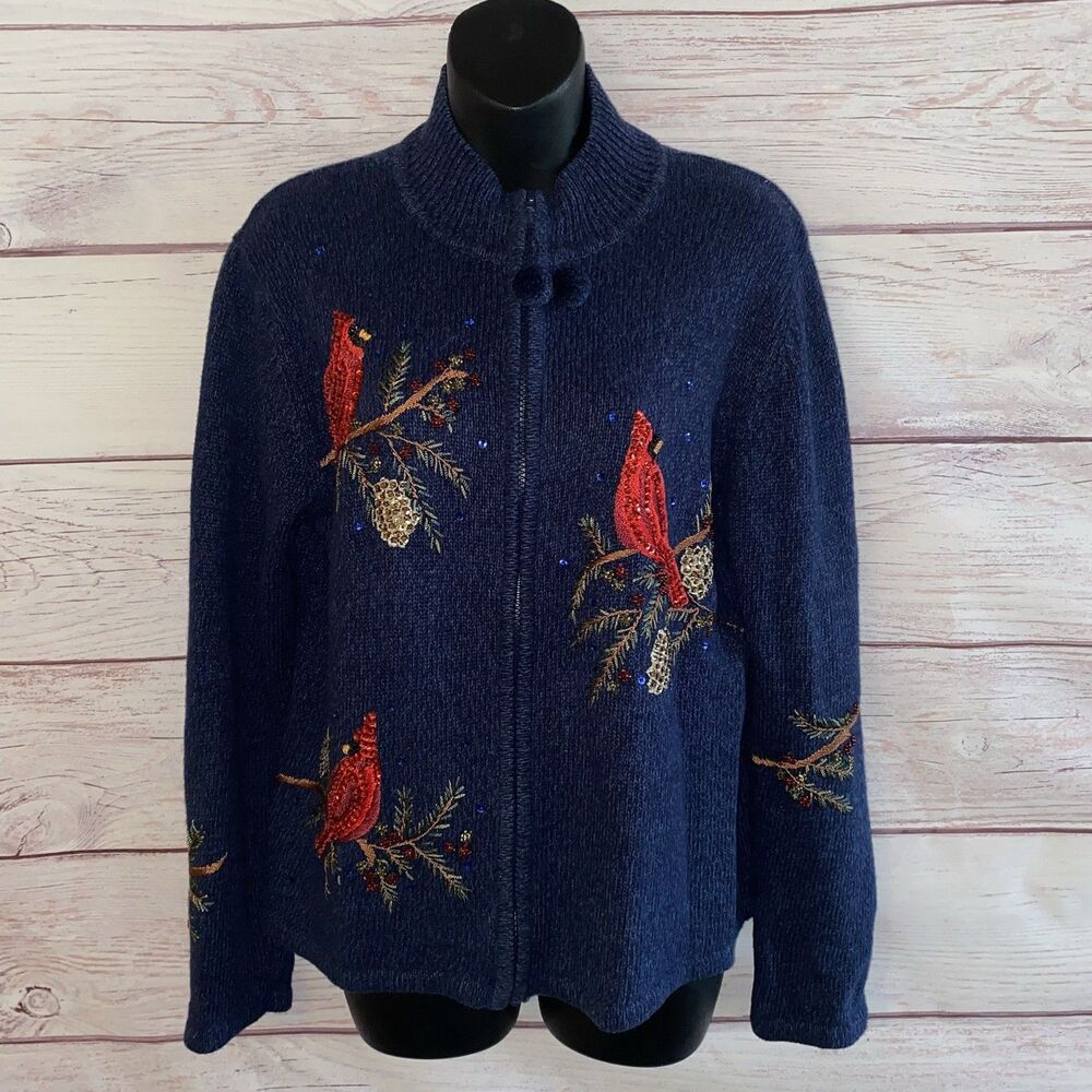Heirloom Collectibles Womens M Cardinal Christmas Zip Cardigan Sweater
